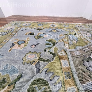 8x10 Sage Green Oushak Rug – Hand-Knotted Wool Indo Turkish Carpet|Olive & Blue Accent Rug for Living Room or Bedroom|Soft Oriental Area Rug