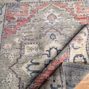 Handmade Serapi Rug – Gray, Rust Coral & Ivory Area Rug | Persian Medallion Carpet | Hand-Knotted Turkish Rug for Living Room 6x8