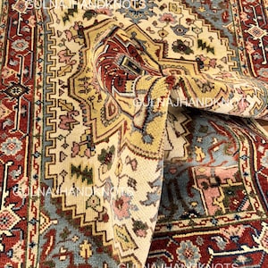 Red Ivory Blue Rug 3x5 8x10 9x12 12x18 – Handmade Wool Heriz Area Carpet | Turkish Oushak Serapi Rug | Boho Oriental Living Room Floor Decor