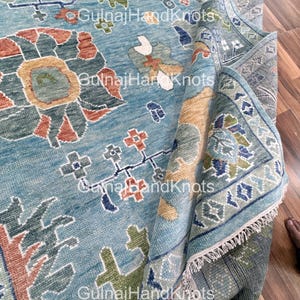 8x10 Teal Oushak Rug – Handmade Wool Area Rug in Green, Blue, Orange & Ivory–Large Modern Turkish Farmhouse Rug 3x5 4x6 5x7 5x8 6x8 6x9 7x10