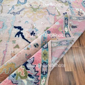 Pastel Oushak Rug 9x12, Pink Blue Green Turkish Wool Rug, Handknotted Living Room Area Carpet Bright Colorful Large Oriental Rug 4x6 5x7 6x8