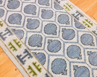 Blue Gray Geometric Runner Rug, Hand Knotted Wool Carpet, Green Border Hallway Rug, Custom Size
