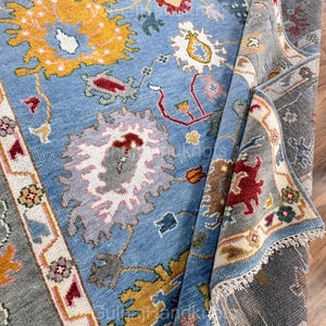 Blue Oushak Rug 8x10, Multicolor Wool Area Rug, Hand-Knotted Oriental Carpet, Gray Border Abstract Turkish Rug, 5x8 6x9 Custom Sizes Runner
