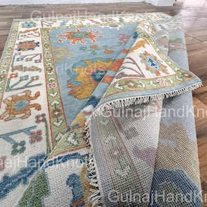 9x12 SkyBlue Oushak Rug – 8x10 Wool Area Rug | Colorful Green Orange Pink Accent Carpet | Turquoise Handmade Turkish Living Room Rug