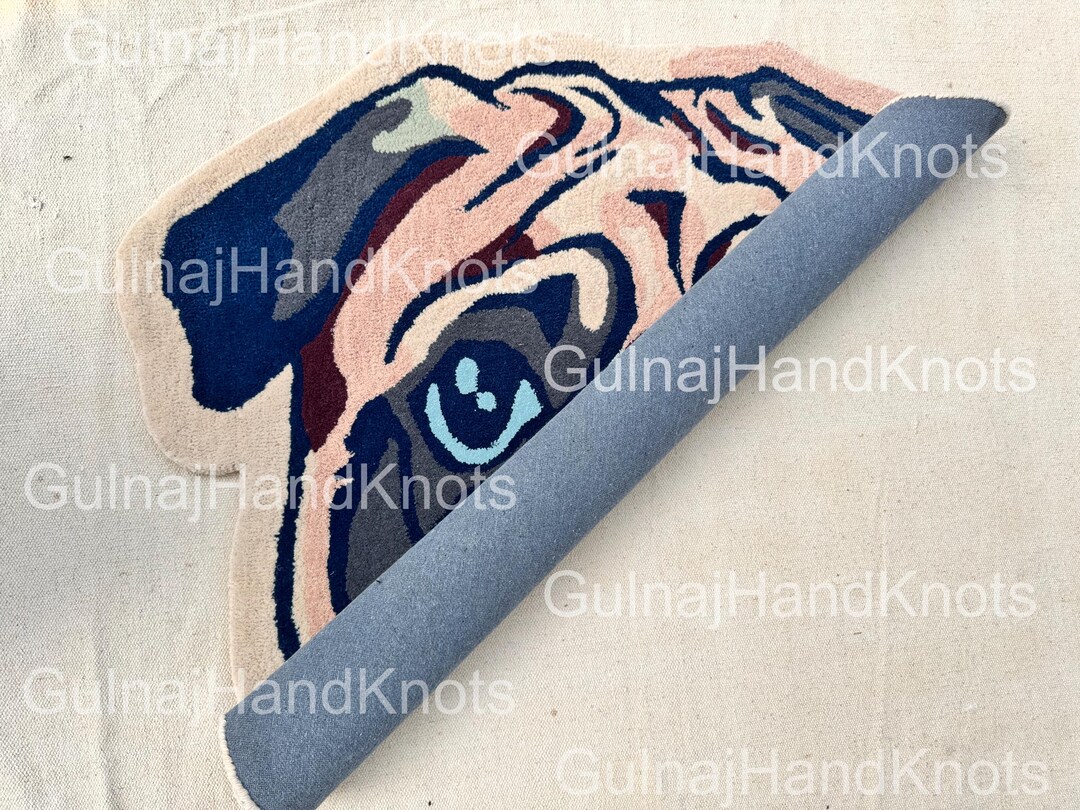Handmade Pug Dog Rug: Tan, Navy & Blue Animal Carpet (3x5 Ft - Etsy