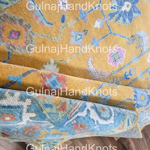 Golden Oushak Rug 8x10, Sky Blue and Red Floral Wool Rug, Hand-Knotted Turkish Area Rug, Modern Rug for Bedroom 2x5,5x8,6x8,9x12,12x14,12x15