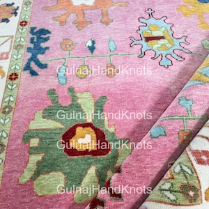 Ready to Ship – Hot Pink Oushak Rug 9x12 | Multicolor Hand-Knotted Wool Area Rug with Ivory & Green Border | Modern Turkish Carpet