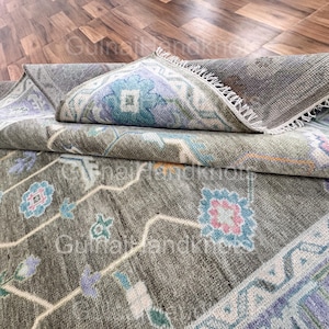 Olive Green Oushak Rug 9x12, Hand-Knotted Wool Area Rug, Purple Blue Pink Accents, Modern Turkish Carpet, 8x10 Contemporary Rug