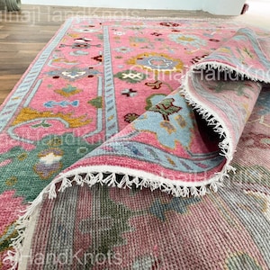 Pink Oushak Rug 9x12 – Hand Knotted Multicolor Wool Area Rug | Bright Turkish Rug 8x10 | Colorful Blue Green Floral Carpet | Modern Bedroom