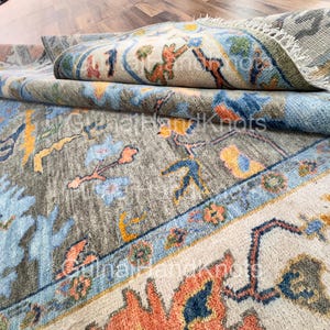 Olive Green Oushak Rug 8x10 HandKnotted Wool Area Rug Blue Orange Floral Turkish Rug, Ivory Border Living Room Rug, Modern Traditional Style