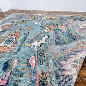 Teal Oushak Rug 9x12, Handmade Wool Rug Green Pink Orange Accents, Blue Turkish Area Rug, Colorful Oriental Carpet 8x10, Living Room Rug
