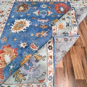 Denim Blue Oushak Rug with Sage Green Border, Handmade Wool Turkish Area Rug 8x10, Floral Oriental Carpet with Rust Orange Ivory Accents 6x8