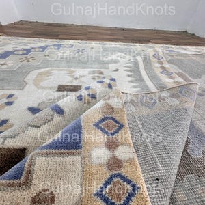 Gray Blue Oushak Rug 9x12, Beige Peach Wool Area Rug, Faded Green Handmade Turkish Carpet, Large Rug for Bedroom Living Room 3.5x10 3.5x12