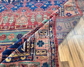 Handgeknüpfter Wollteppich, Handgeknüpfter Blau Roter Teppich im Oushak Stil