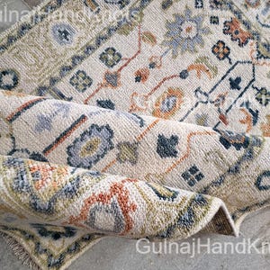 Tappeto Oushak avorio 6x9 7x10 8x10, tappeto di lana annodato a mano con accenti blu-verde corallo, tappeto turco pastello morbido, tappeto floreale per camera da letto 9x12