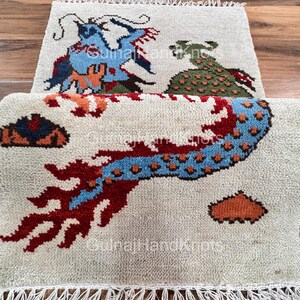 Hand-Knotted Tibetan Dragon Rug – Small Wool Oriental Area Rug – Artisan Woven Accent Carpet – Boho Decorative Rug for Living Room  Entryway