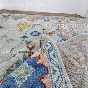Pastel Blue Oushak Rug 8x10 9x12 – Hand Knotted Wool Area Rug – Teal Pink Peach & Orange Modern Turkish Rug – Colorful Living Room Carpet