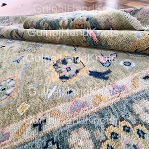 10x14 Green Blue Oushak Rug, Hand-Knotted Teal Wool Area Carpet, Floral Turkish Rug, Beige Brown White Accent Modern Living Room Rug