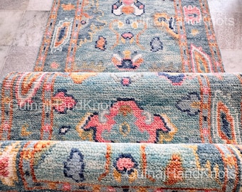Pastel Blue Oushak Runner Rug, Hand Knotted Wool Hallway Rug, Floral Kitchen Runner, Custom Long Entryway Carpet