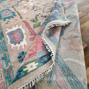 Pink Oushak Rug 8x10 – Hand Knotted Wool Turkish Area Rug | Soft Pastel Blue Green Accent Rug | Large Modern Oushak Carpet | Custom Size