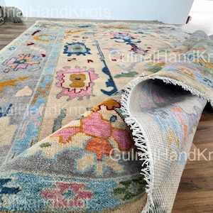 Gray Beige Oushak Rug 7x10 8x10 – Hand Knotted Wool Turkish Area Rug | Muted Pastel Blue Pink Olive Rug | Taupe Boho Traditional Rug | Gift