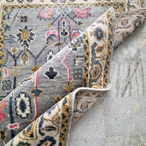 Gray Hand-Knotted Wool Oushak Rug – Colorful Turkish Oushak Style Carpet | Handmade Nursery or Bedroom Rug | Boho Area Rug 4x6 5x8 6x9 ft