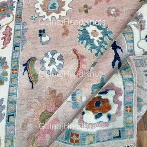 HandKnotted 6x9 Oushak Rug – Blush Pink and Ivory Area Rug with Multicolor Accents | Modern Turkish Floral Carpet for Bedroom or Living Room