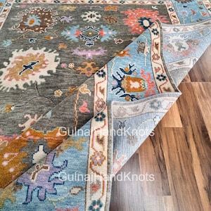 Gray Oushak Rug 8x10 Hand-Knotted Wool Rug with Sky Blue Border, Colorful Turkish Area Rug with Pink Gold Navy Accents, Modern Oushak Carpet