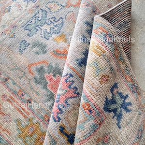 Hand-Knotted Wool Oushak Rug: Gray, Coral, Blue, Green Floral, 7x10