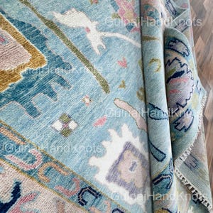 Sky Blue and Blush Pink Oushak Rug | Hand-Knotted Wool Rug | Soft Pastel Floral Area Carpet | 12x12 Turkish Rug | Light Blue Green Large Rug