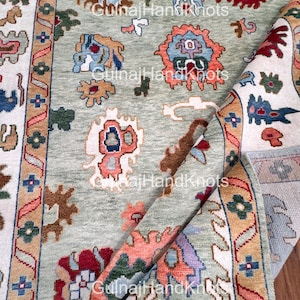 Handmade Green Oushak Rug 9x12 – Olive, Ivory & Red Accents, Blue Beige Turkish Wool Area Rug – Modern Oriental Carpet 8x10 7x10 6x9 6x8 5x7