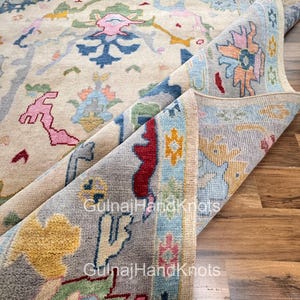 Quickship Rug Pastel Oushak Rug 9x12, Beige Blue Pink Handmade Wool Rug, Soft Gray Turkish Area Carpet, Large Floral Rug Ready to Ship,