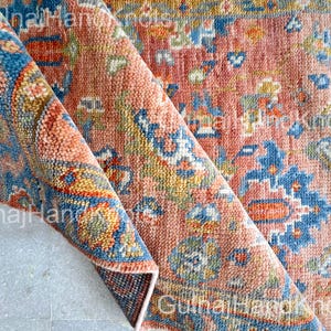 8x10 Rust Red Oushak Rug 9x12 , Handmade Wool Rug with Blue & Olive Accents, Vintage Turkish Area Rug, Earthy Oriental Rug for Living Room