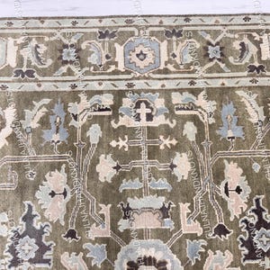 Hand Knotted Sage Green Oushak Rug, Blue Ivory Wool Area Rug, Modern Turkish Rug for Living Room, Bedroom, 5x8 6x9 8x10 9x12 10x12 2x3 Sizes