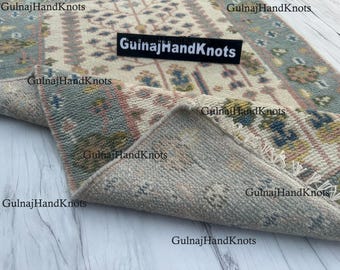 Handmade Wool Oushak Rug | Ivory Beige, Sky Blue Vintage Turkish Carpet