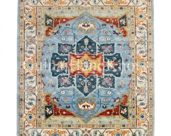Sky Blue Serapi Style Hand Knotted Wool Rug, Traditional Floral Area Rug for Living Room & Bedroom, Custom Size Handmade Carpet