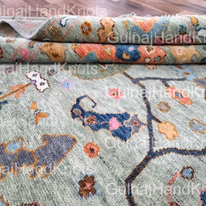 Sage Green Oushak Rug 8x10 – Floral Hand-Knotted Wool Area Rug Coral Pink Blue Olive Turkish Rug – Modern Pastel Living Room Carpet 3x5 4x6