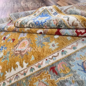 Oushak Rug Blue Green, Mustard Gold Ivory & Beige Area Rug 10x14, Colorful Floral Turkish Rug 8x10, Handmade Wool Rug 9x12