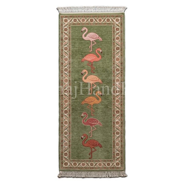Flamingo Runner Rug, Hand Knotted Wool Runner in Sage Green, Botanical Bird Hallway Carpet, Custom Wool Runner for Entryway & Kitchen