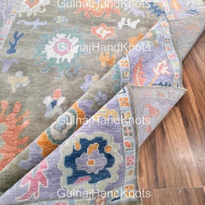 Modern Oushak Rug 8x10 – Charcoal Gray Wool Rug with Blue, Coral, Mustard & White Accents – Hand-Knotted Turkish Area Carpet 5x7 6x8 custom