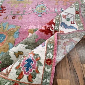 Pink Oushak Rug 9x12, Hand Knotted Wool Floral Rug, Colorful Modern Area Rug, Ivory Green Red Accent, 8x10 Bedroom Rug, Turkish Rug 3x3 4x4