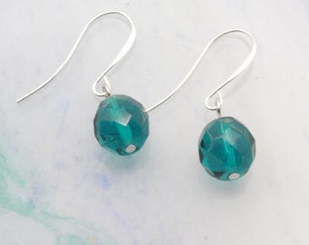 Aqua Faceted Glass Drop Earrings - Minimalist Silver Dangle Jewelry - Dainty Teal Jewelry