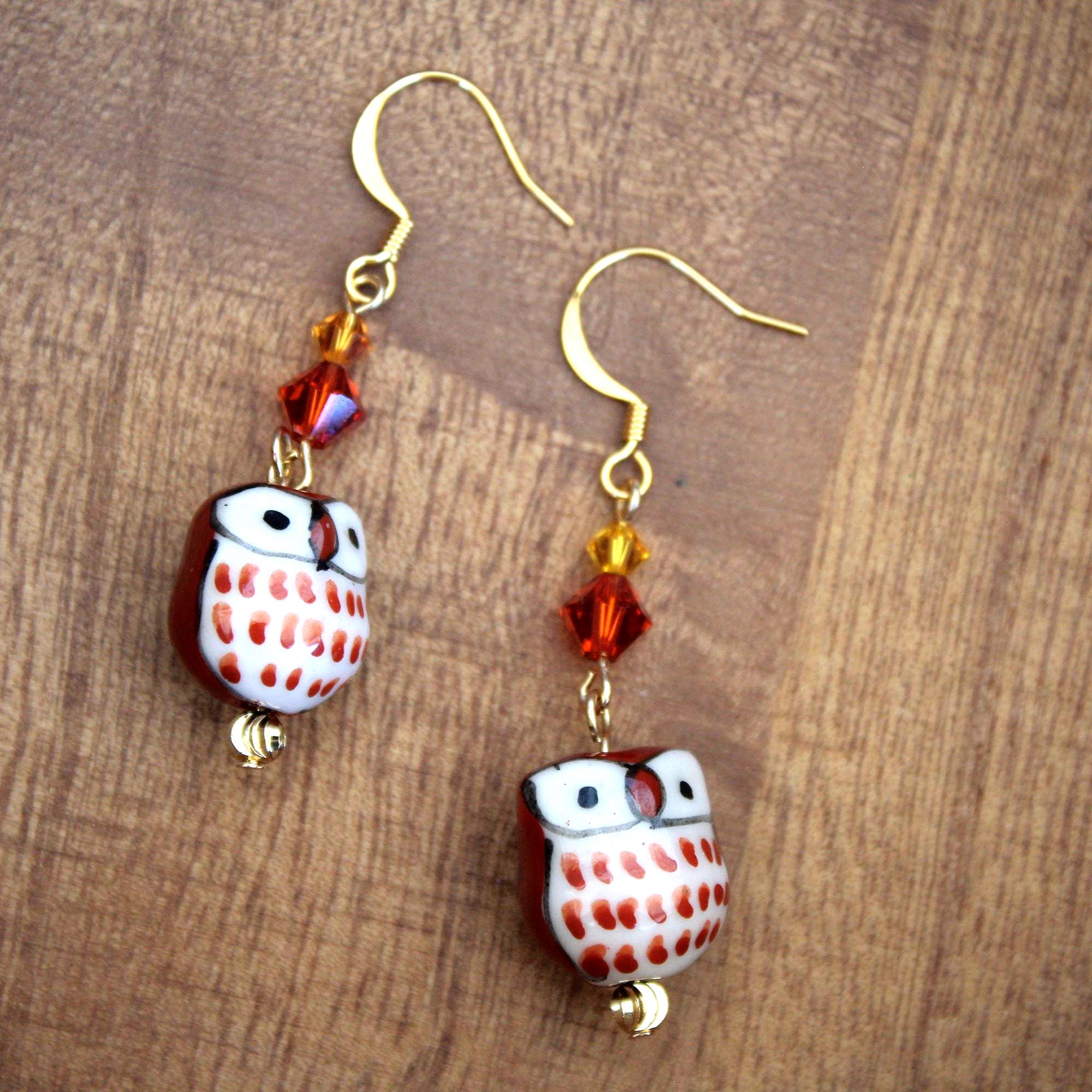 Ceramic Owl Earrings: Fall Colors, Crystal Drops