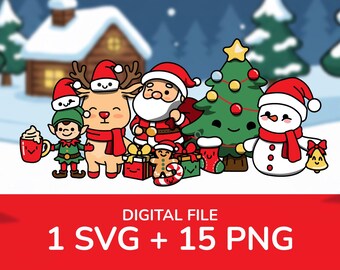 Kawaii Christmas Clipart Bundle: Holiday Stickers (SVG, PNG Digital Download)