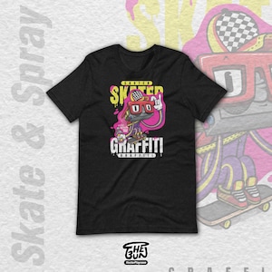 Skater Graffiti T-Shirt, 90s Street Art Tee, Cartoon Skateboard & Spray Can Graphic, Gift for Skater, Unisex Streetwear