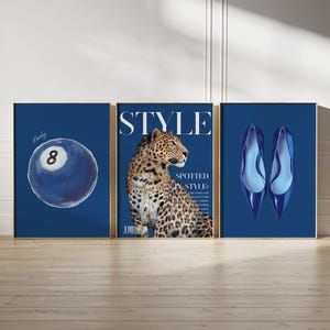Navy Blue Leopard Set of 3 Prints, Trendy Wall Art, Dorm Room Decor, Retro 8 Ball Poster, Apartment Decor, Navy Wall Art Prints, Printable
