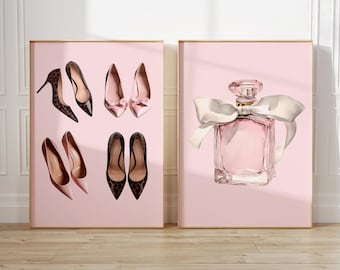 Conjunto de dois modelos rosa, arte de designer de luxo, arte de parede coquete, presentes para namorada, arte de parede feminina, arte de parede elegante, estampa de moda moderna