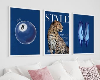 Navy Blue Leopard Set of 3 Prints, Trendy Wall Art, Dorm Room Decor, Retro 8 Ball Poster, Apartment Decor, Navy Wall Art Prints, Printable
