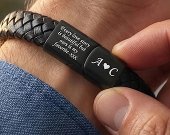 Personalized Men's Leather Bracelet, Black Braided with custom Initials engraved Silver Black 18K Gold clasp For Couple Gift