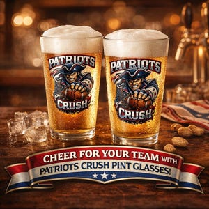 May include: Two pint glasses filled with beer and foam, featuring the Patriots logo and the word "Crush." The glasses are on a wooden surface with ice cubes and peanuts. A banner reads "Cheer for your team with Patriots Crush pint glasses!"